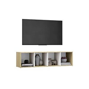 Tdesıgno Eda Televizyon Sehpası - Ünitesi -kitaplık-meşe Beyaz 4 Raflı 30 Cm