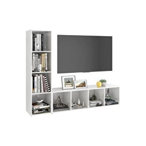 Tdesıgno Yağmur Kitaplıklı Televizyon Sehpası - Ünitesi -kitaplık-beyaz 150 Cm 8 Raflı