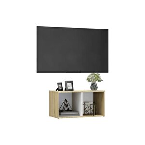 Tdesıgno Ay Televizyon Sehpası - Ünitesi -kitaplık-meşe Beyaz 72 Cm 2 Raflı