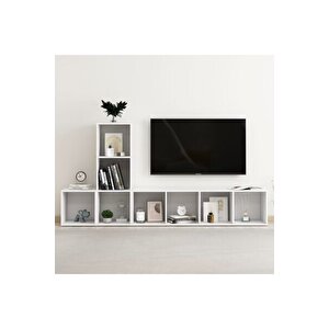 Tdesıgno Gülce Kitaplıklı Televizyon Sehpası - Ünitesi -kitaplık-beyaz 180 Cm 8 Raflı
