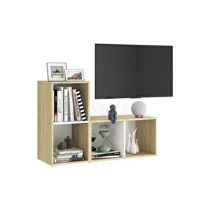 Tdesıgno Maya Kitaplıklı Televizyon Sehpası Ünitesi Kitaplık Meşe Beyaz 90 Cm 4 Raflı