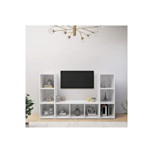 Nehir Kitaplıklı Televizyon Sehpası Ünitesi Kitaplık Beyaz 150 Cm 9 Raflı