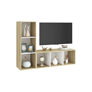 Tdesıgno Onur Kitaplıklı Televizyon Sehpası - Ünitesi -kitaplık-meşe Beyaz 120 Cm 6 Raflı