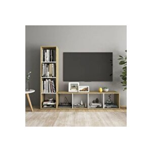 Tdesıgno Rengul Kitaplıklı Televizyon Sehpası - Ünitesi -kitaplık Meşe-beyaz 150 Cm 8 Raflı
