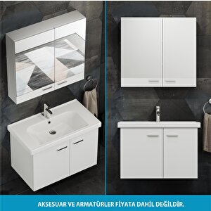 Aqua Bagno Basic Alt Dolap + Üst Dolap -lavabo Dahil-beyaz ,80 Cm. 3 Parça