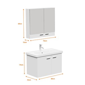 Aqua Bagno Basic Alt Dolap + Üst Dolap -lavabo Dahil-beyaz ,80 Cm. 3 Parça