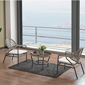Bistro 2 Kişilik  Rattan Örgü Bahçe Balkon Oturma Seti Cam Sehpalı