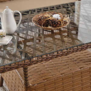 Breda Rattan Örgü Bahçe Balkon Takımı 2+1+1 Cam Masalı Kahve