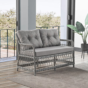 Breda Rattan Örgü Bahçe Balkon Takımı 2+1+1 Cam Masalı Gri