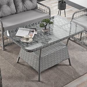 Breda Rattan Örgü Bahçe Balkon Takımı 2+1+1 Cam Masalı Gri