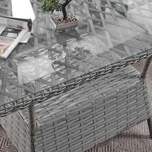 Breda Rattan Örgü Bahçe Balkon Takımı 2+1+1 Cam Masalı Gri