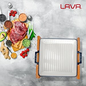 Lava Döküm Kare Izgara Tavası Kayın Servis Ahşabı Döküm Demir Yekpare Çift Kulplu İçi Sable Ölçü  26x26cm.