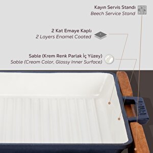 Lava Döküm Kare Izgara Tavası Kayın Servis Ahşabı Döküm Demir Yekpare Çift Kulplu İçi Sable Ölçü  26x26cm.