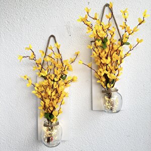 Led Işıklı, Sarı Sakura Çiçekli Duvar Dekoru Beyaz İkili Set