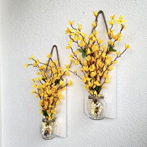Led Işıklı, Sarı Sakura Çiçekli Duvar Dekoru Beyaz İkili Set