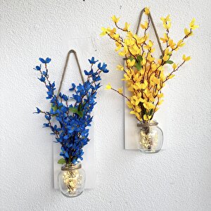 Led Işıklı, Sarı Ve Mavi Sakura Çiçekli Duvar Dekoru Beyaz İkili Set