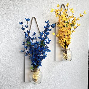 Led Işıklı, Sarı Ve Mavi Sakura Çiçekli Duvar Dekoru Beyaz İkili Set