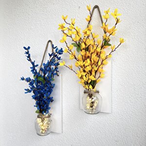 Led Işıklı, Sarı Ve Mavi Sakura Çiçekli Duvar Dekoru Beyaz İkili Set
