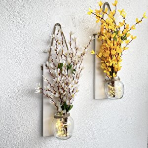Led Işıklı, Sarı Ve Beyaz Sakura Çiçekli Duvar Dekoru Beyaz İkili Set