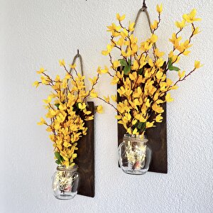 Led Işıklı, Sarı Sakura Çiçekli Duvar Dekoru Ceviz İkili Set