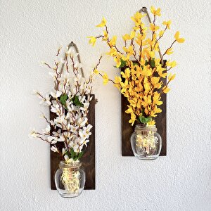 Led Işıklı, Sarı Ve Beyaz Sakura Çiçekli Duvar Dekoru Ceviz İkili Set