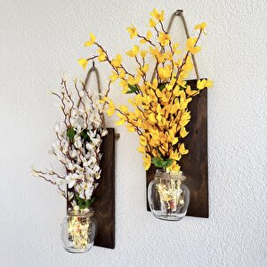 Led Işıklı, Sarı Ve Beyaz Sakura Çiçekli Duvar Dekoru Ceviz İkili Set