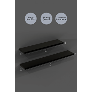 80 Cm 60 Cm 2li Mat Siyah Mdf Uçan Duvar Rafı Gizli Bağlantı Kitaplık