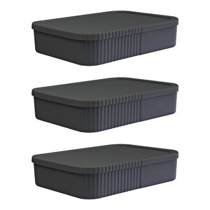 3 Adet 6 Litre İnce-geniş Kapaklı Saklama Kutusu - Ofis Ve Kırtasiye Düzenleyici Çok Amaçlı Kullanım, Antrasit Antrasit