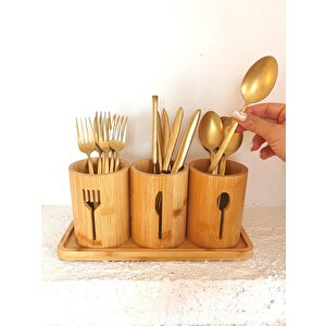 Bambu Altlıklı 3'lü Çatal Kaşık Bıçak Düzenleyici Set 4 Parça