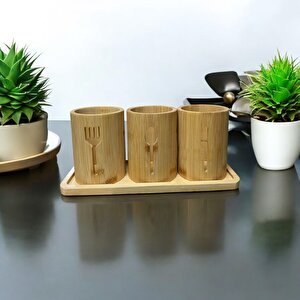 Bambu Altlıklı 3'lü Çatal Kaşık Bıçak Düzenleyici Set 4 Parça