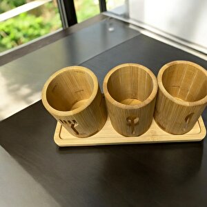 Bambu Altlıklı 3'lü Çatal Kaşık Bıçak Düzenleyici Set 4 Parça