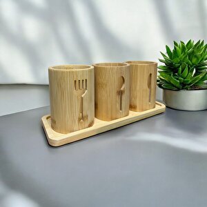 Bambu Altlıklı 3'lü Çatal Kaşık Bıçak Düzenleyici Set 4 Parça