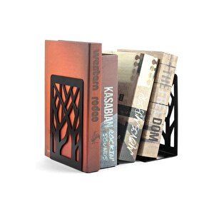 Ağaç Desenli Metal Kitap Desteği Siyah - Kitap Tutucu - Ev Ve Ofis Dekoratif Aksesuar( 2 Li Set)