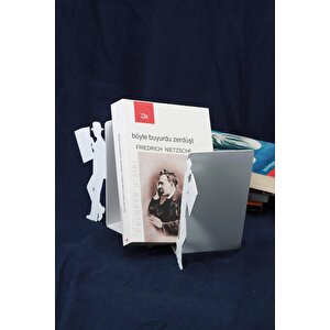 Gazete Okuma Desenli Metal Kitap Desteği - Kitap Tutucu - Ev Ve Ofis Dekoratif Aksesuar (2 Li̇ Set) Beyaz