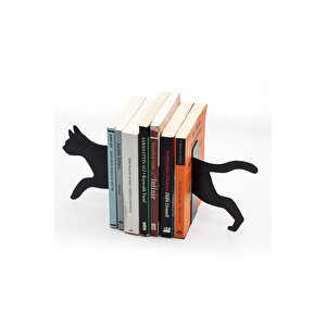 Kedi Figürlü Dekoratif Metal Kitap Tutucu, Kitap Desteği Siyah