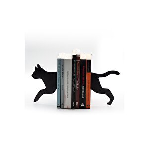 Kedi Figürlü Dekoratif Metal Kitap Tutucu, Kitap Desteği Siyah