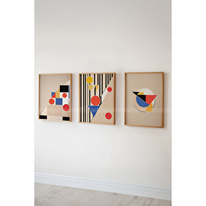Modern Grafik 3 Parçalı Ahşap Çerçeveli Tablo Seti - Çizgisel Ve Geometrik Tasarım-30x42