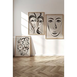 Minimalist Yüz Çizimleri 3 Parçalı Ahşap Çerçeveli Tablo Seti - Sanatsal Ve Modern Tasarım-21x30