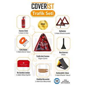 Üçgen Trafik Ve İlk Yardım Seti - Muayene Uyumlu 1 Kg Araç Yangın Tüpü - 2 Adet Reflektör - Gold Pack