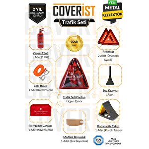Üçgen Trafik Ve İlk Yardım Seti - Muayene Uyumlu 1 Kg Araç Yangın Tüpü - 2 Adet Reflektör - Gold Pack