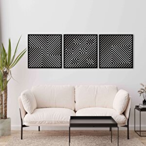 Ahşap Duvar Tablosu, 3 Parça Ahşap Modern Yanılsama Duvar Dekoru, Soyut Desen Duvar Paneli, Siyah 71x71 cm