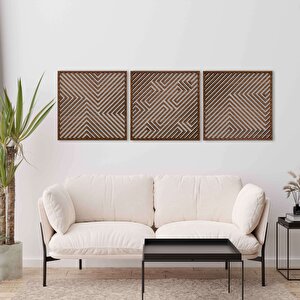 Ahşap Duvar Tablosu, 3 Parça Ahşap Modern Yanılsama Duvar Dekoru, Soyut Desen Duvar Paneli, Ceviz 71x71 cm