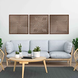 Ahşap Duvar Tablosu, 3 Parça Ahşap Modern Yanılsama Duvar Dekoru, Soyut Desen Duvar Paneli, Ceviz 71x71 cm