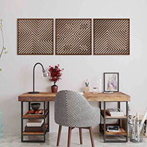 Ahşap Duvar Tablosu, 3 Parça Ahşap Modern Yanılsama Duvar Dekoru, Soyut Desen Duvar Paneli, Ceviz 71x71 cm