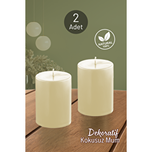 2 Adet Silindir Dekoratif Kokusuz Krem Mum- Hediyelik Blok Mum