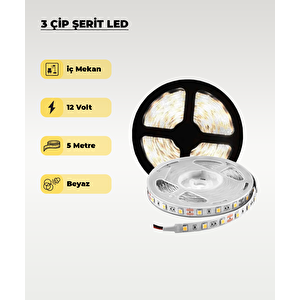 İç Mekan 3 Çip Şerit Led Beyaz Işık 5mt