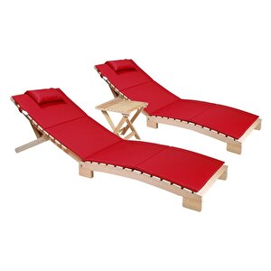 Bysay Ahşap Katlanabi̇li̇r Yatar Şezlong Plaj Yataği Mi̇nder Dahi̇l 3 Lü Set (naturel - Kirmizi) Kırmızı