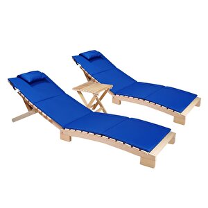 Bysay Ahşap Katlanabi̇li̇r Yatar Şezlong Plaj Yataği Mi̇nder Dahi̇l 3 Lü Set (naturel - Mavi̇) Mavi