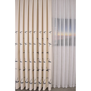 Anka Kuşu Nakışlı Ekru Fon Perde Tek Kanat 1x3 Sık Pile 190x260 cm
