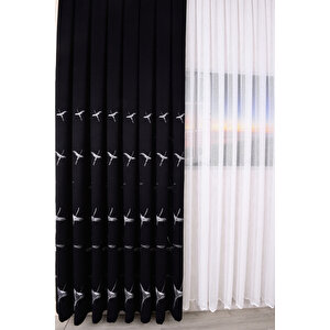 Anka Kuşu Nakışlı Siyah Fon Perde Tek Kanat 1x3 Sık Pile 240x260 cm